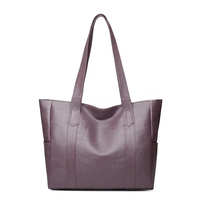 Women's Handbag Tote Shoulder Bag PU Leather Office Shopping Daily Zipper Solid Color Black Red Purple