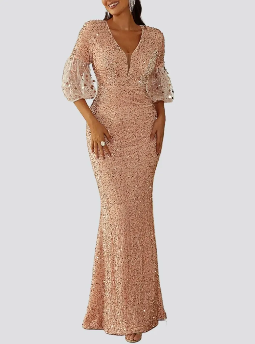 Lantern Sleeve Sequin Prom Dress