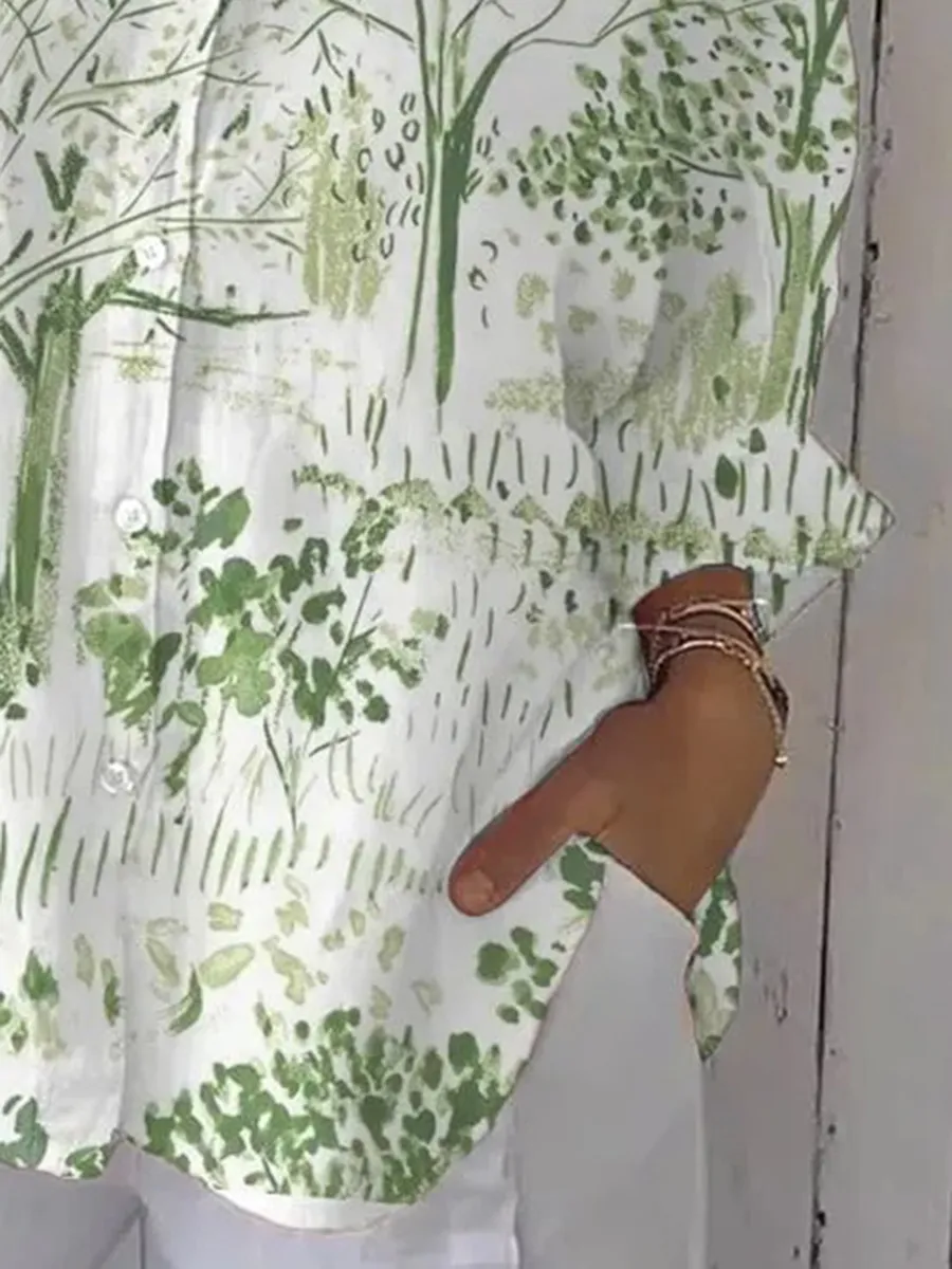 Women's casual retro forest print cotton and linen shirt
