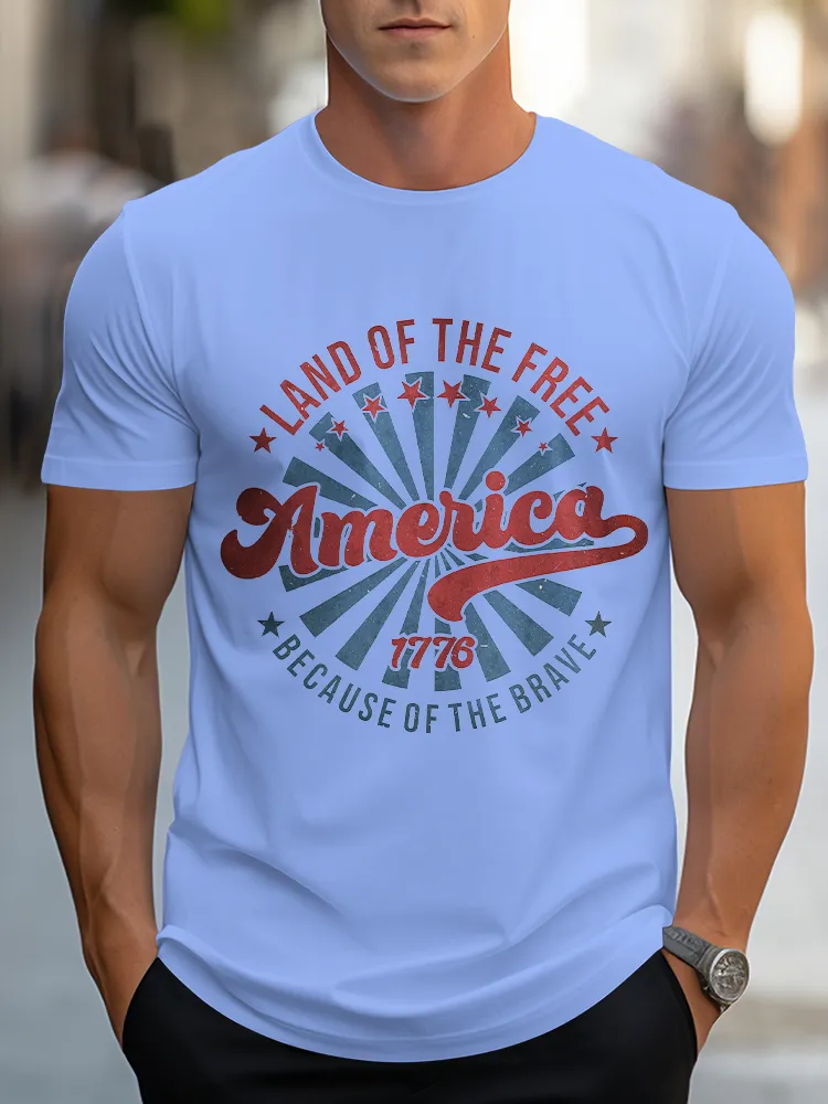 Man'S Land Of The Free America 1776 Because Of The Brave Round-Neck Short-Sleeved T-Shirt