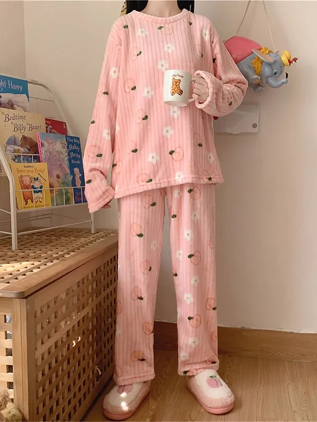 Women's Fleece Coral Pajamas Sets Cartoon Fruit Fashion Plush Casual Home Daily Bed Coral Breathable Crew Neck Long Sleeve Pant Summer Fall Lotus Pink Black