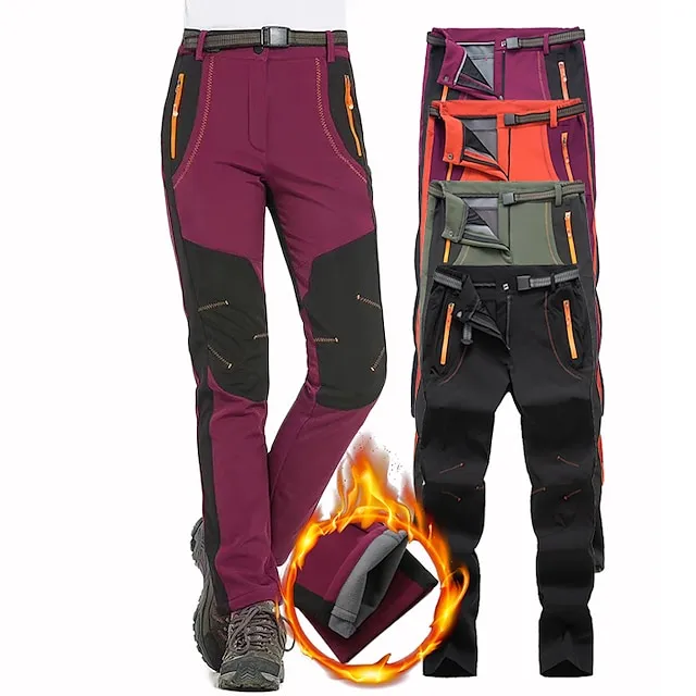 Women's Fleece Lined Pants Waterproof Hiking Pants Black Trousers Softshell Pants Winter Outdoor Thermal Warm Windproof Lightweight Elastic Waist Bottoms Army Green Burgundy Orange Camping