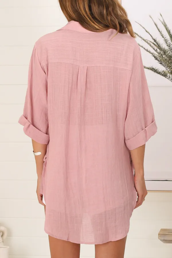 Pink Linen Side Tie Longline Shirt