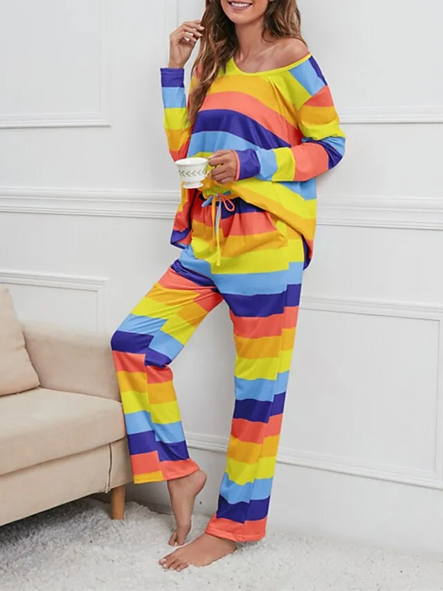 Women's Pajamas Nighty Pjs Sets 2 Pieces Rainbow Stripe Fashion Comfort Soft Home Daily Bed Cotton Breathable V Wire Long Sleeve T shirt Tee Pant Spring Fall Yellow Blue