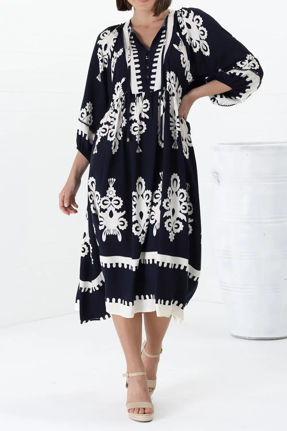 Navy Patterned Half Sleeve Midi Dress