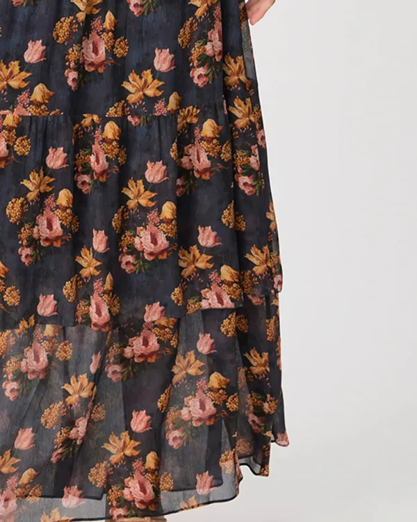 Navy And Orange Floral Print One Shoulder Maxi Dress