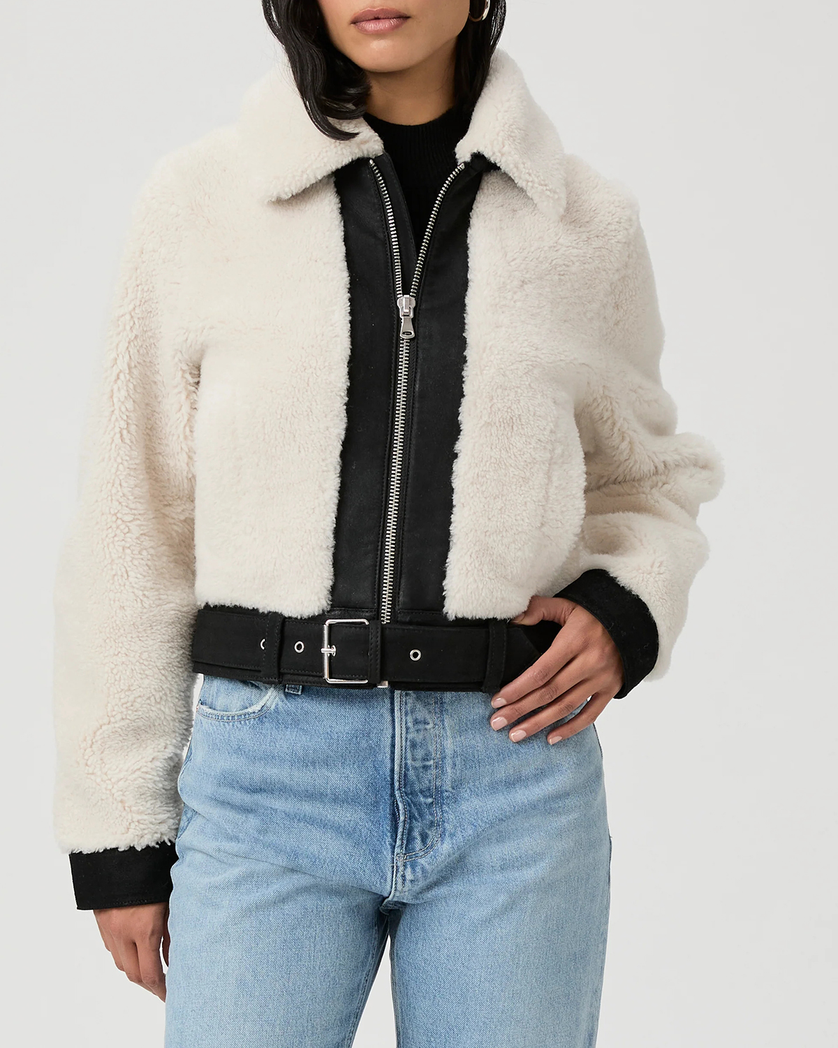 Black And White Faux Fur Trimmed Jacket