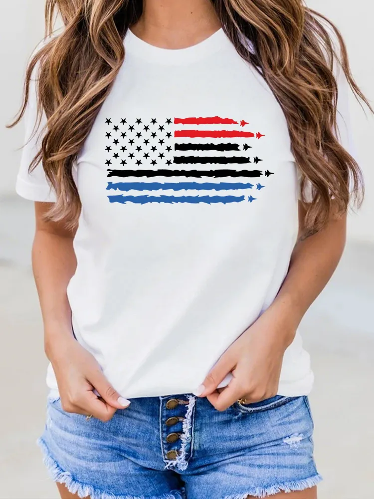 Woman'S Stars And Stripes Print Round-Neck Short-Sleeved T-Shirt