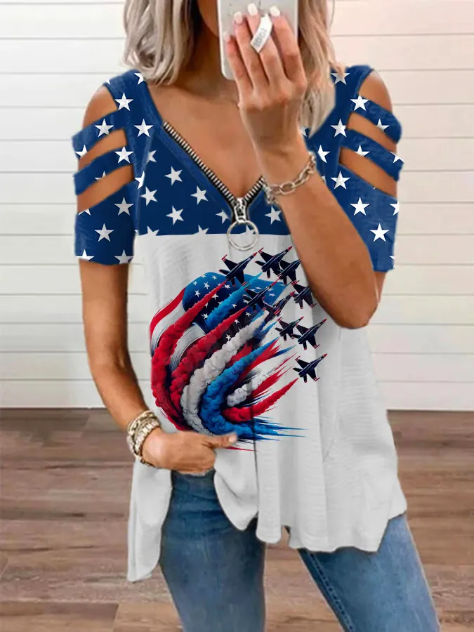 Woman'S Stars And Airplane Cigarette Prints Short-Sleeve V-Neck T-Shirt