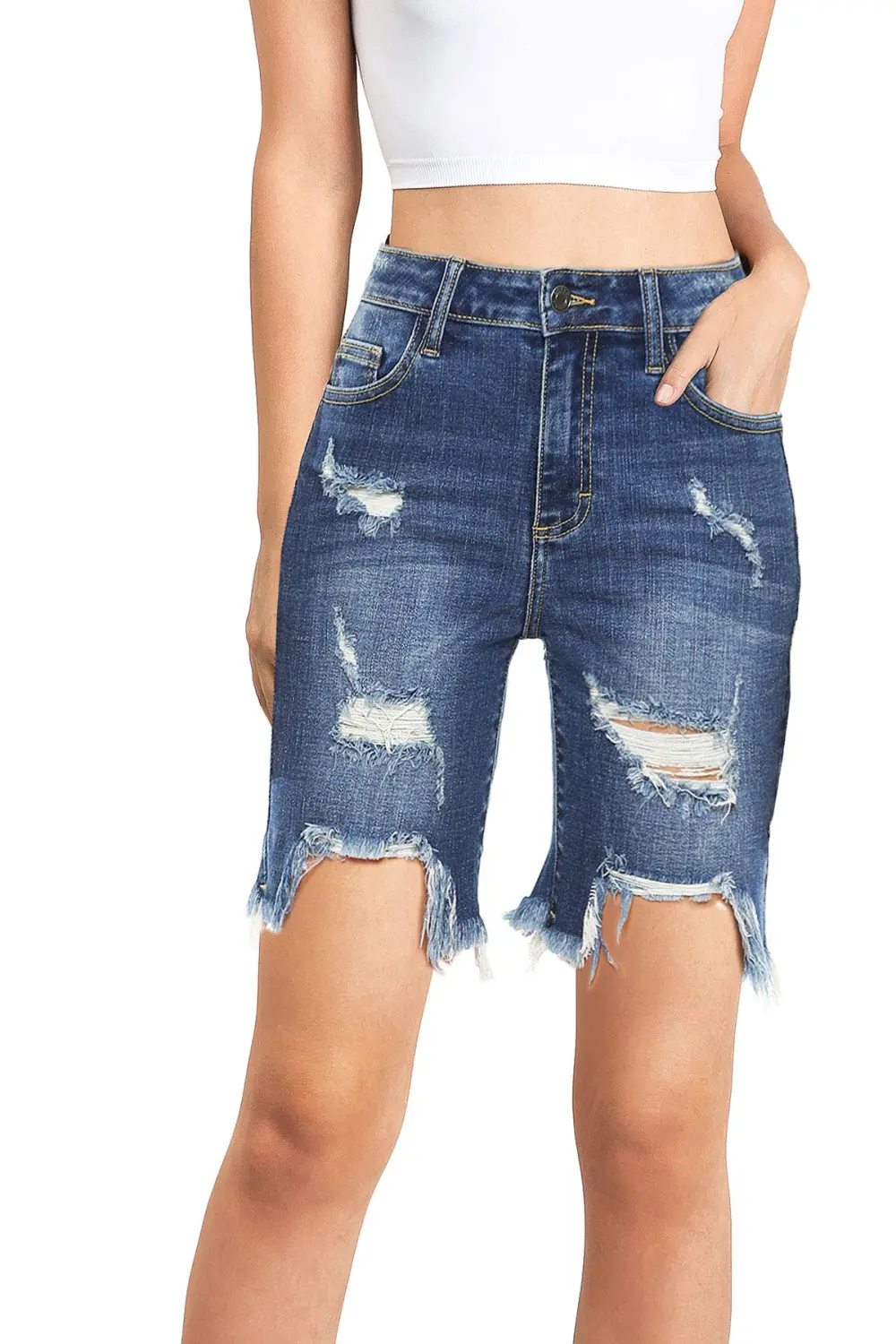 Dark Blue Distressed Bermuda Denim Shorts
