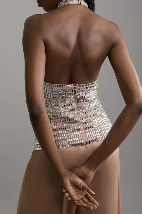 Premium Crystal Embellished Jersey Halter Top