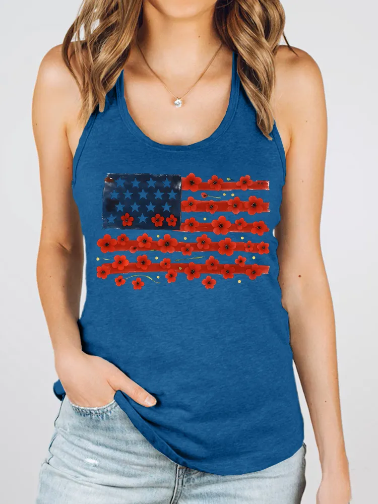 Women'S Flower Stars And Stripes Print Round-Necked Sleeveless Vest