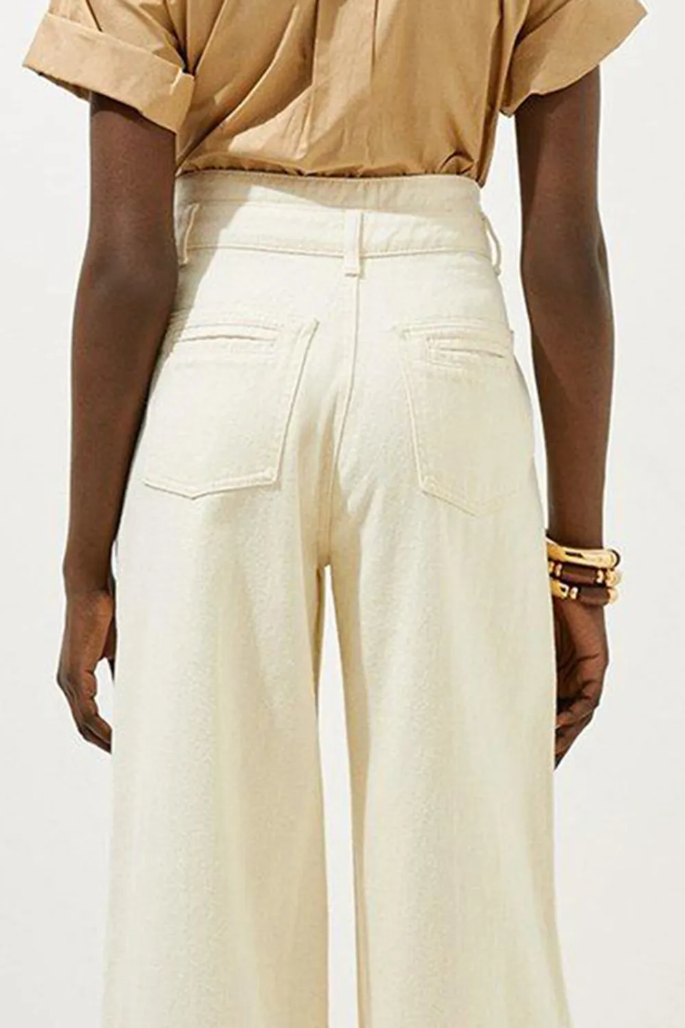 Non-Stretch Denim Waistband Detail Wide Leg Trousers