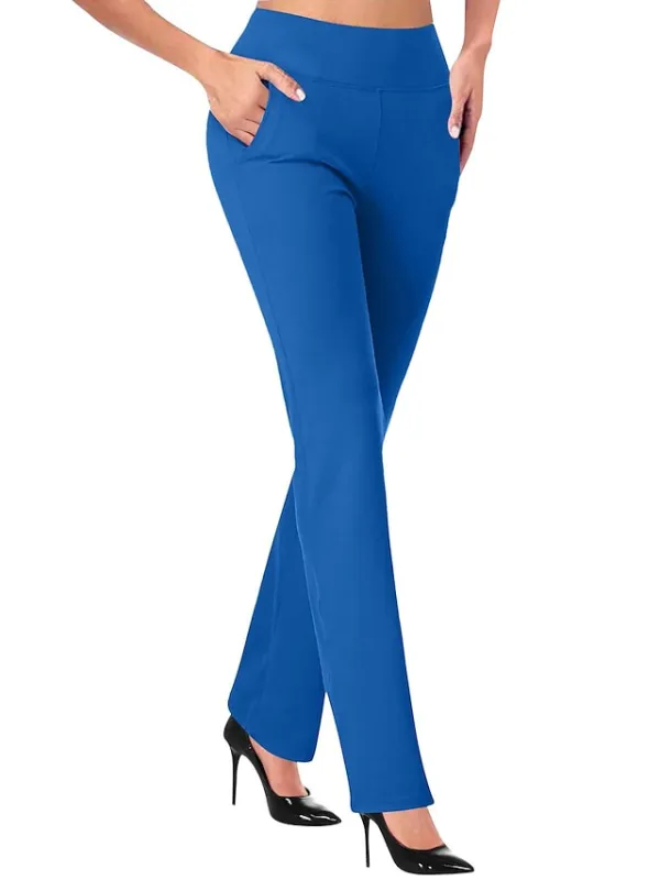 Women‘s Dress Work Casual Pants Trousers Straight Full Length Pocket Stretchy Trousers  Daily Black Wine S M