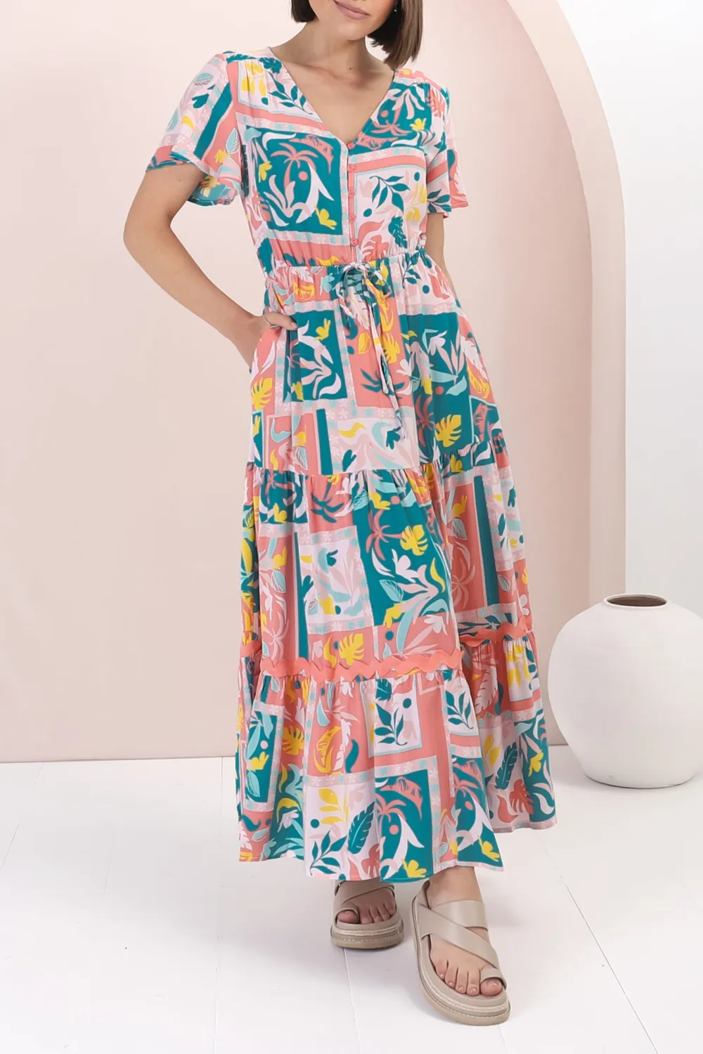 Colorful Patchwork Print Short Sleeve Maxi Dress