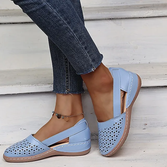Women's Sandals Wedge Sandals Comfort Shoes Plus Size Outdoor Work Daily Summer Hollow Out Flat Heel Round Toe Classic Casual Minimalism Walking Shoes Faux Leather Loafer Solid Color Solid Colored