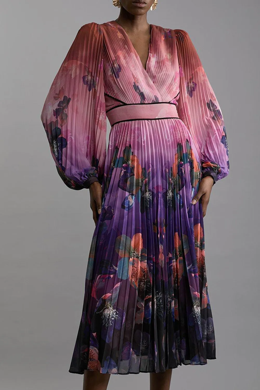 Ombre Floral Soft Pleated Long Sleeve Maxi Dress
