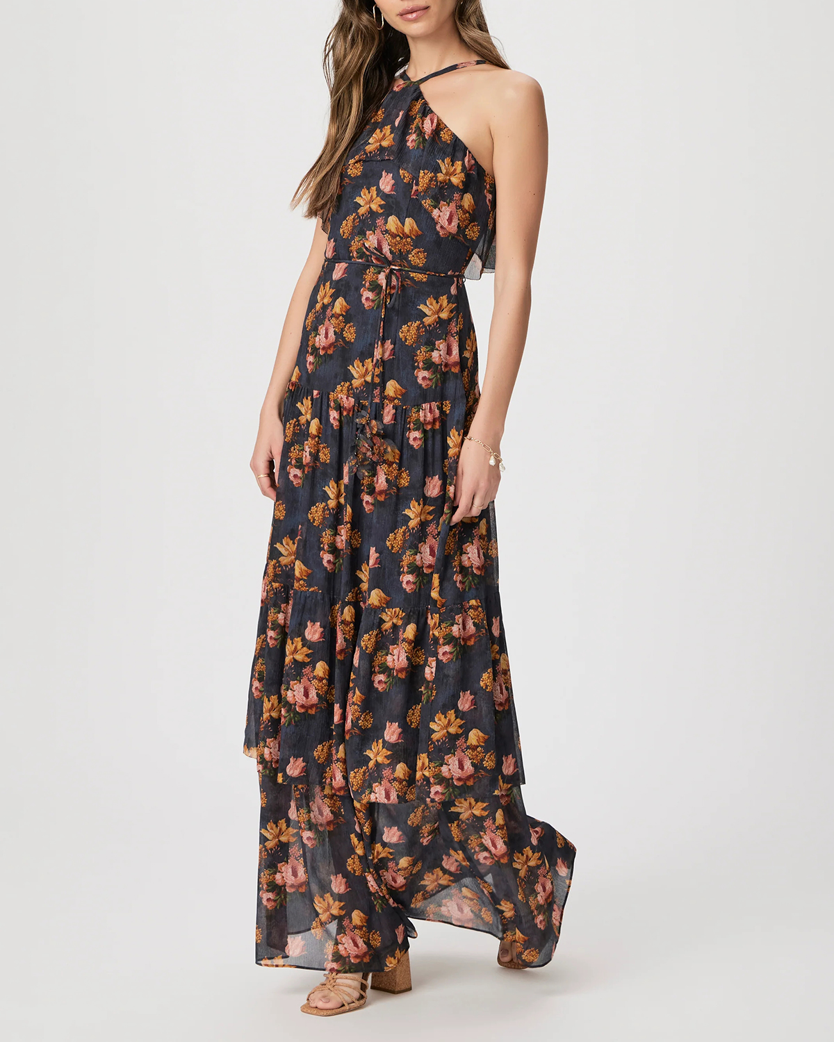 Navy And Orange Floral Print One Shoulder Maxi Dress