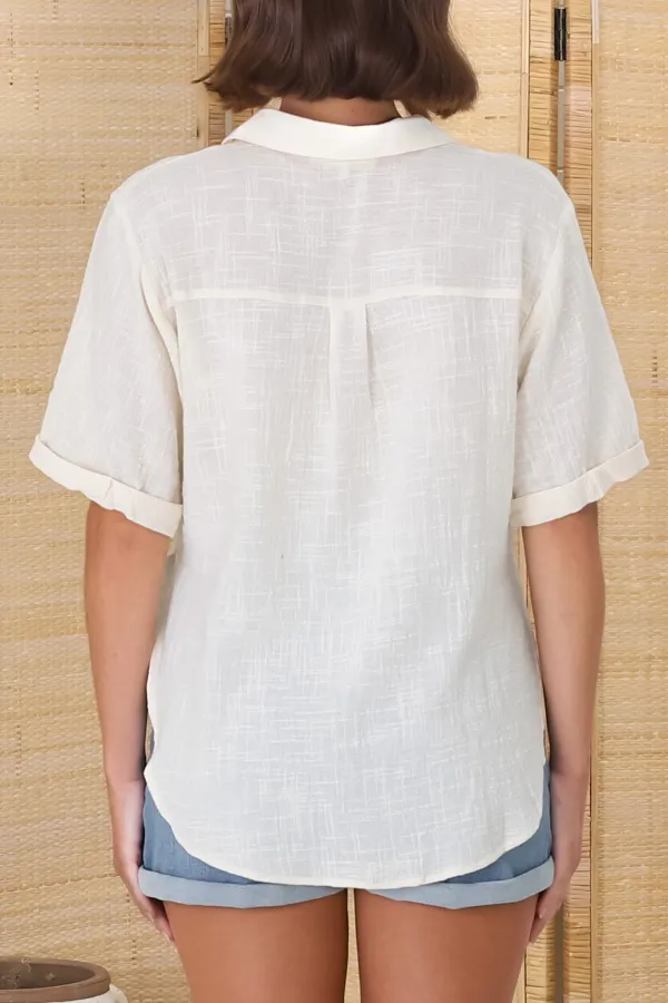 White Linen Contrast Trim Short Sleeve Shirt