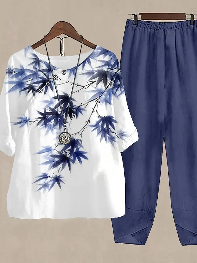 Women's Shirt Pants Sets Army Green Blue Purple Floral Print Half Sleeve Holiday Weekend Basic Round Neck Regular Fit Fall & Winter