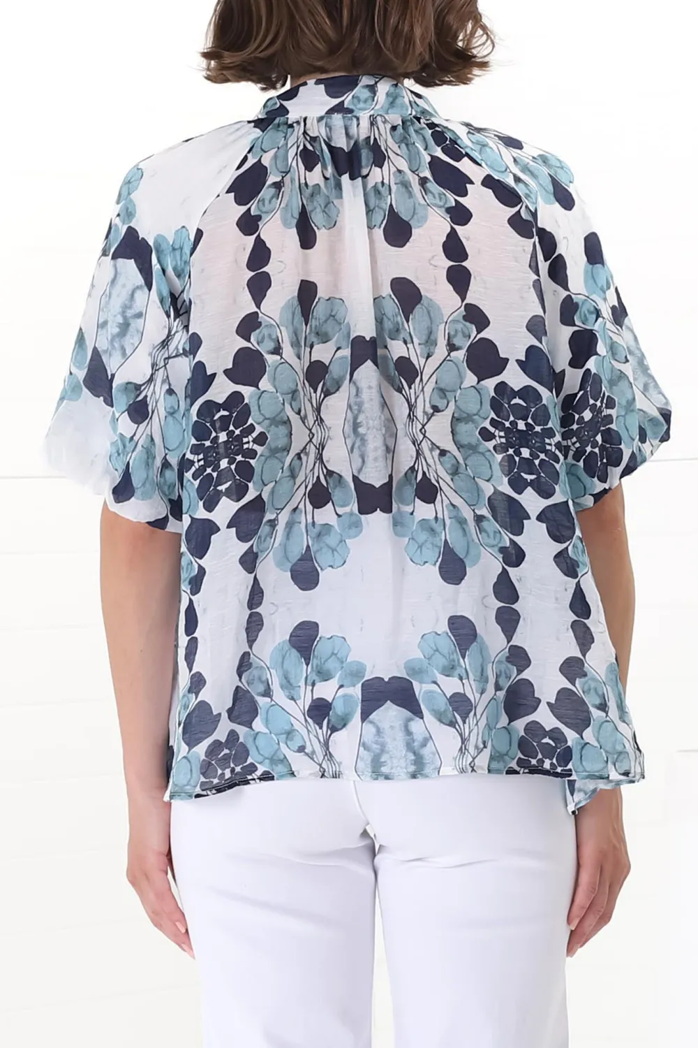 Blue Floral Print Short Sleeve Blouse
