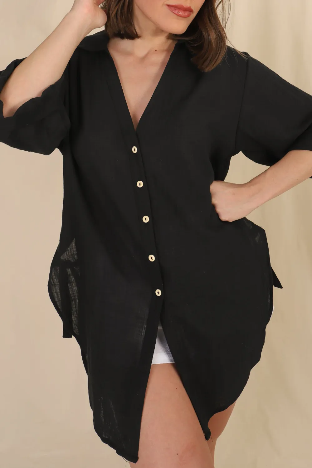 Black Oversized Button Up Longline Shirt