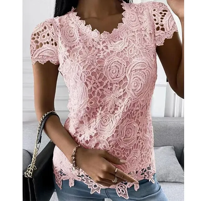 Women's Shirt Blouse Black White Pink Plain Lace Short Sleeve Casual Vintage Fashion Basic Round Neck Regular Fit