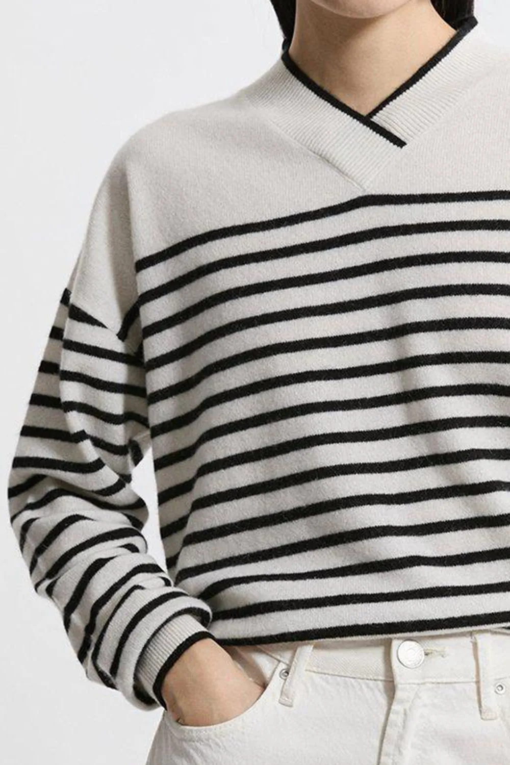 Cashmere Knitted V Neck Contrast Wrap Striped Jumper