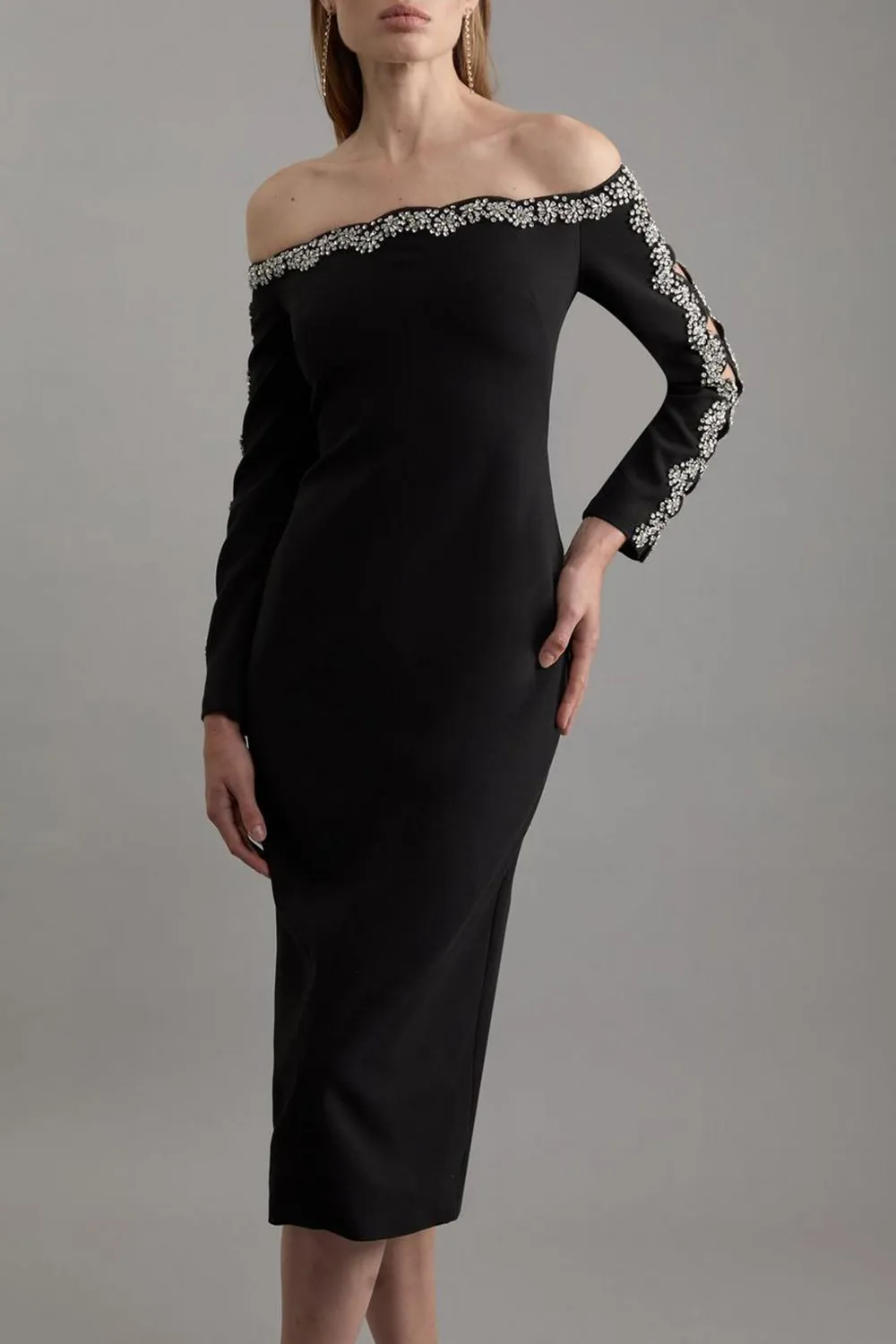 Crystal Embellished Scalloped Bardot Tailored Midaxi Dress