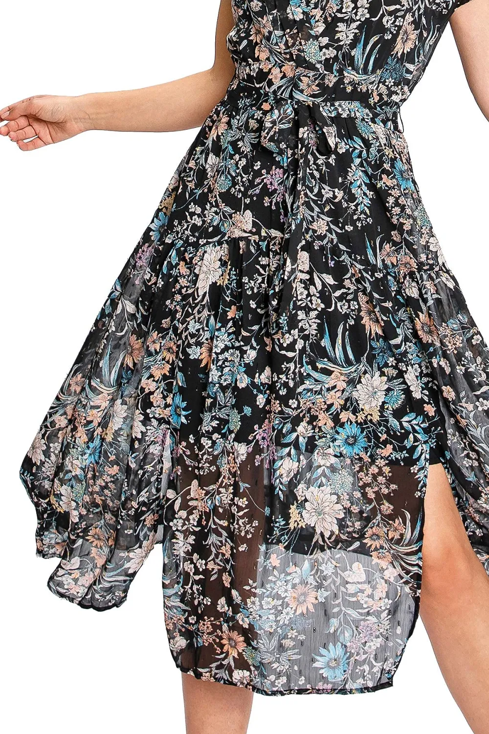 Black Floral Wrap - Style Midi Dress