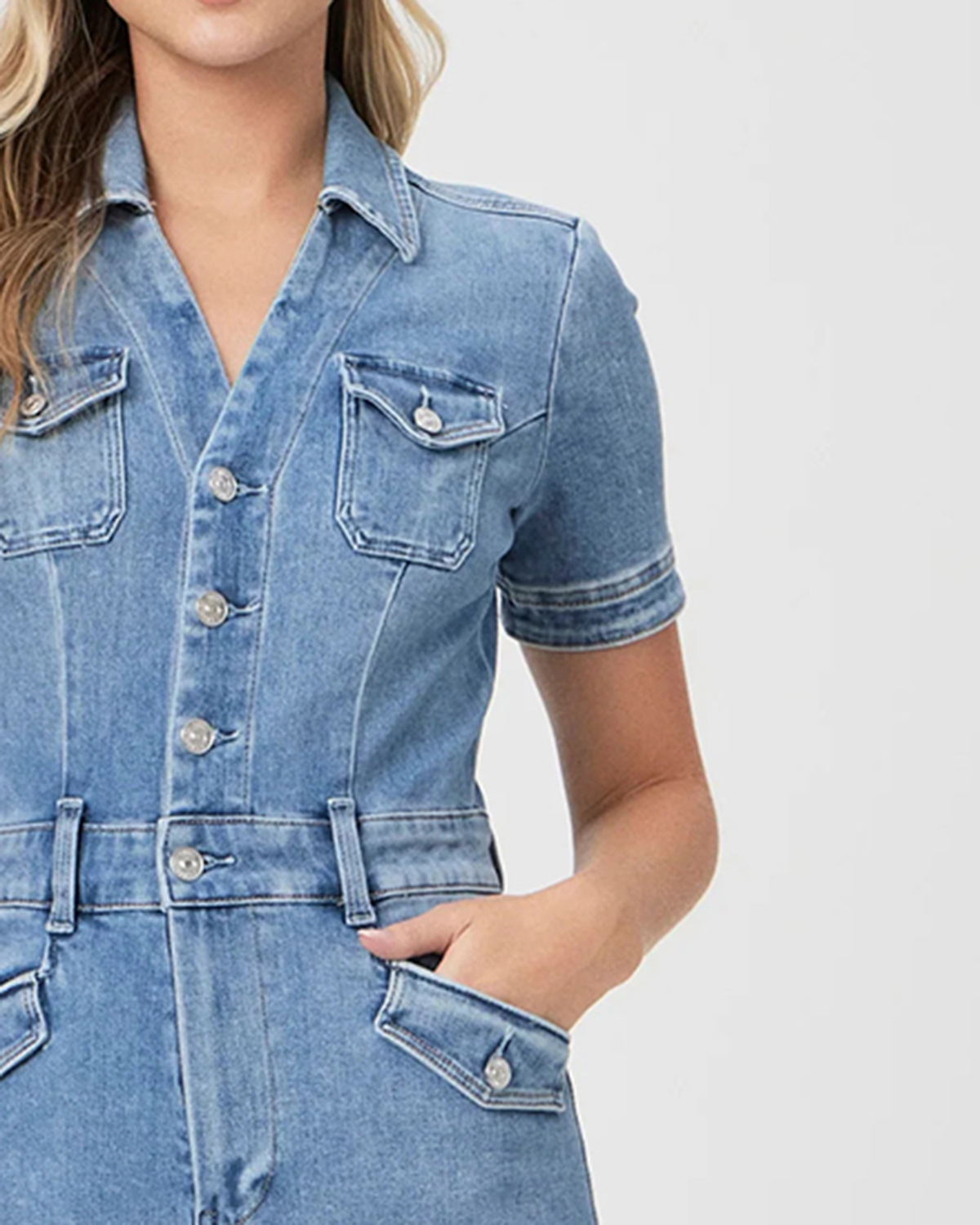 Light Blue Denim Short Sleeve Jumpsuit