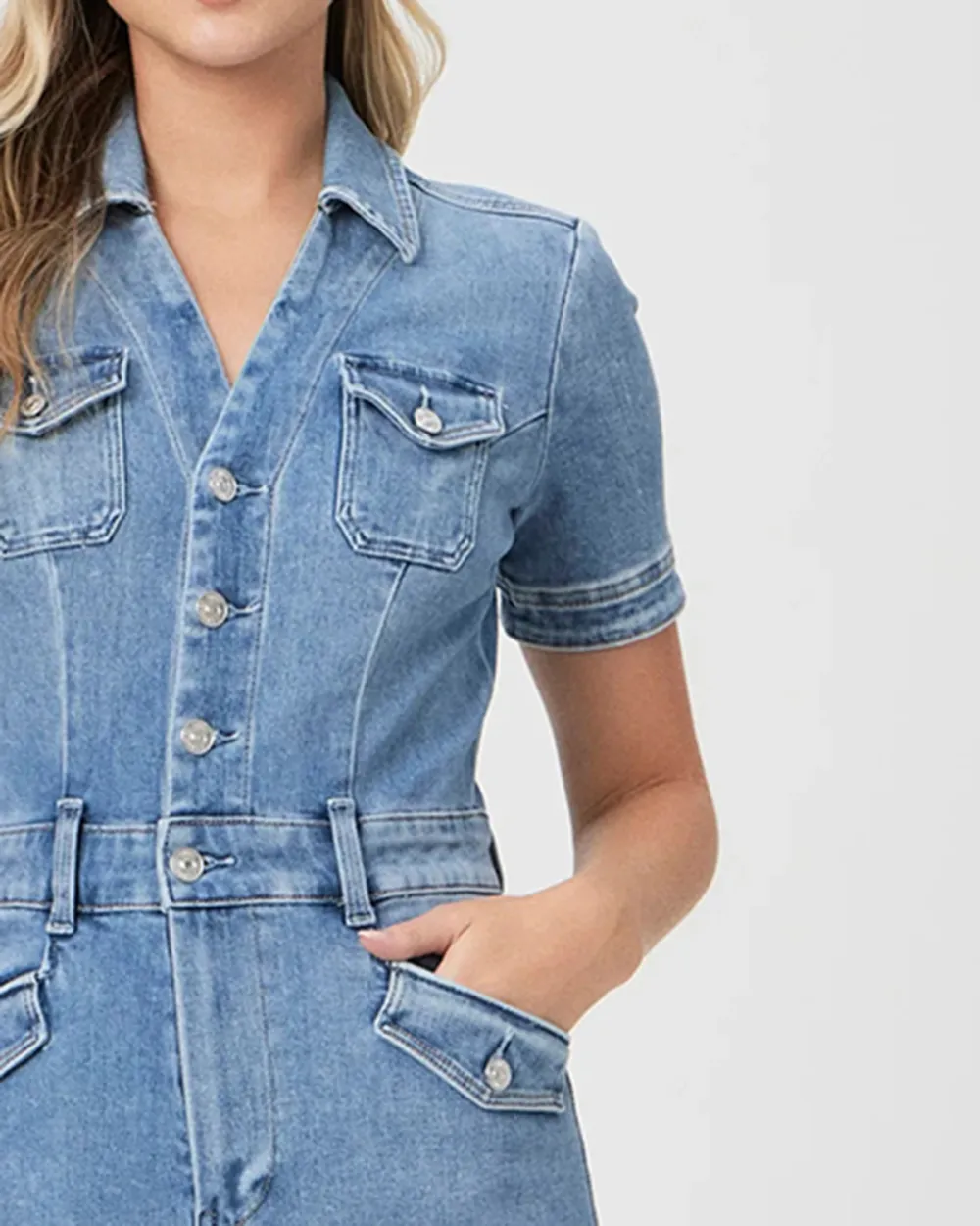 Light Blue Denim Short Sleeve Jumpsuit