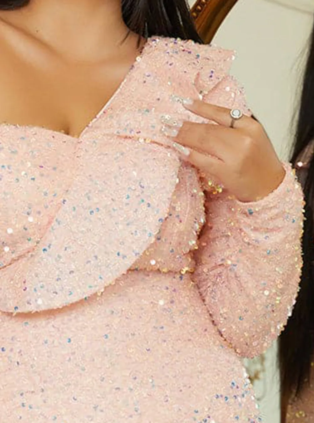 Plus One Shoulder Ruffle Trim Sequin Dress