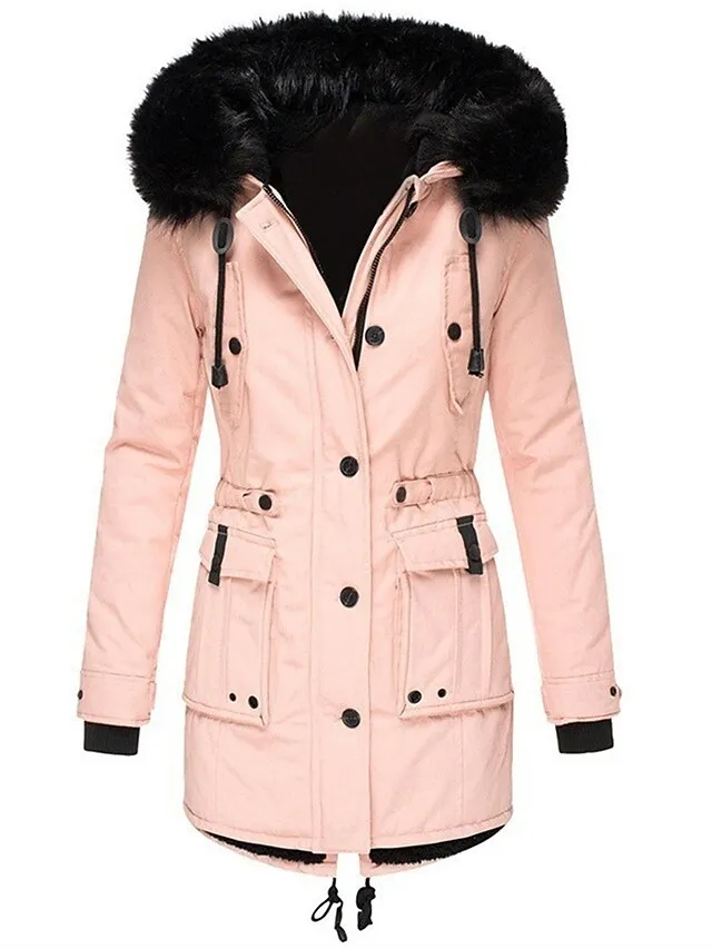 Women's Parka Fleece Lined Puffer Jacket Thicken Winter Coat Windproof Thermal Warm Heated Coat Zipper Drawstring Hoodie Outerwear Long Sleeve