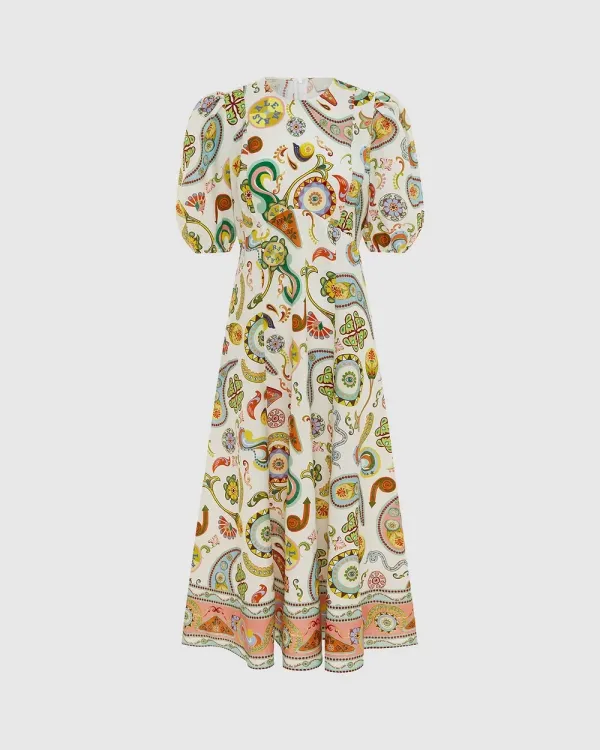 Print Puff Sleeves Midi Dresses