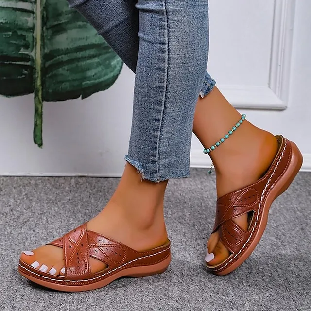 Women's Sandals Flat Sandals Orthopedic Sandals Bunion Sandals Outdoor Daily Beach Summer Flat Heel Round Toe Open Toe Classic Minimalism Walking Shoes Synthetics Loafer Solid Colored Black Red Brown