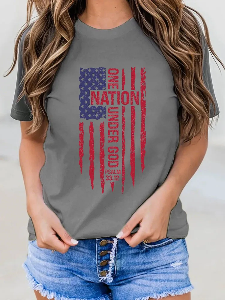 One Nation Under God Psalm 33:12 Print Round-Neck Short-Sleeved T-Shirt