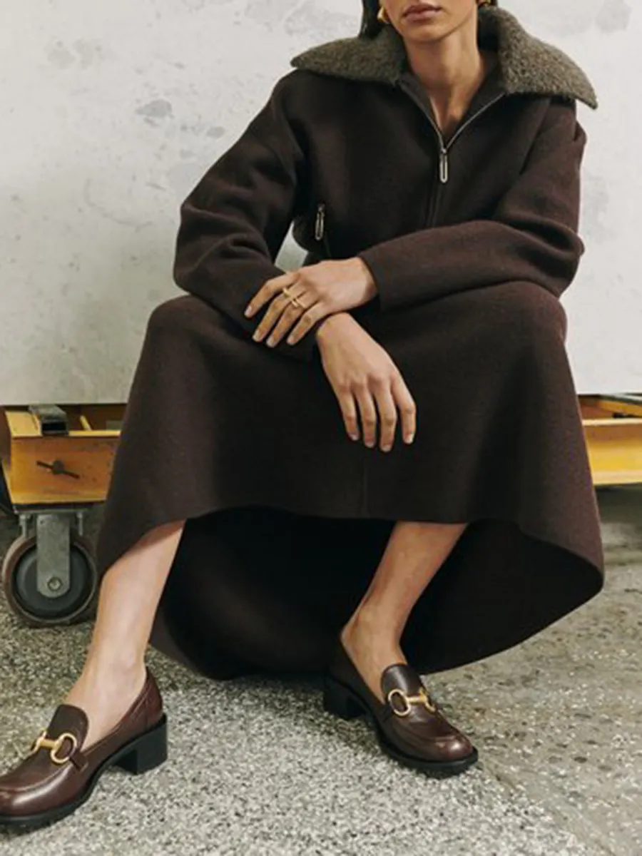 Brown Fleece Collar Zip Up Set