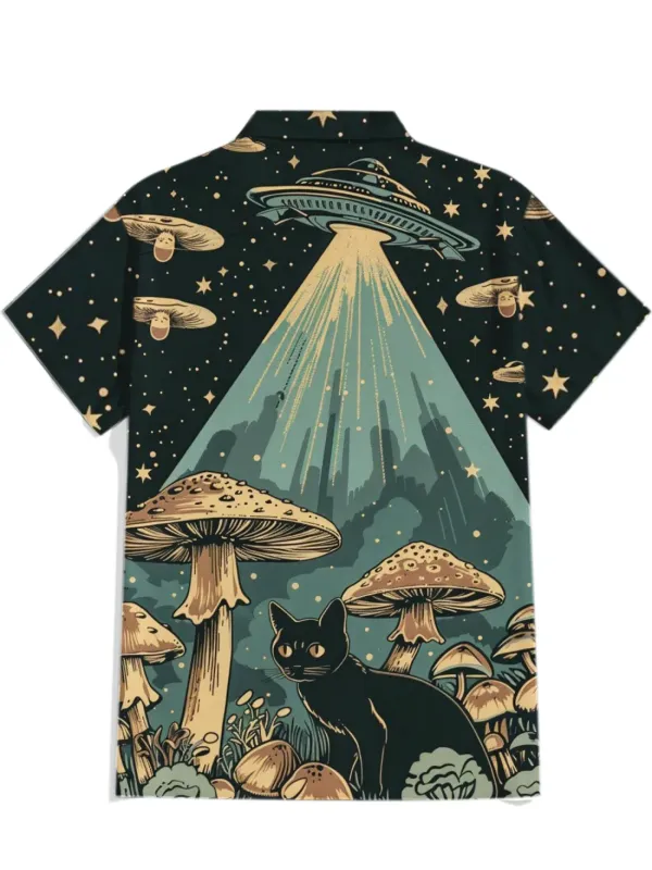 Retro Spaceship And Black Cat Shirt