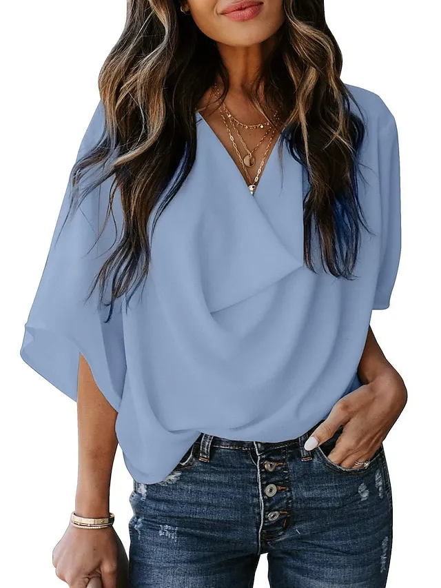 Women's Shirt Blouse Almond Black White Plain Long Sleeve Casual Basic V Neck S