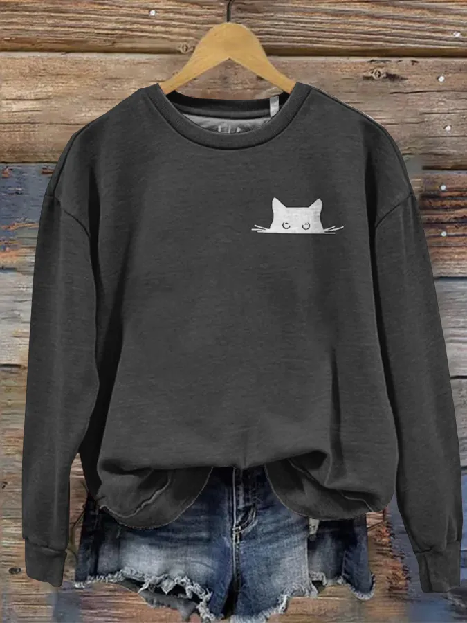 Women's Embroidered Black Cat Print Sweatshirt