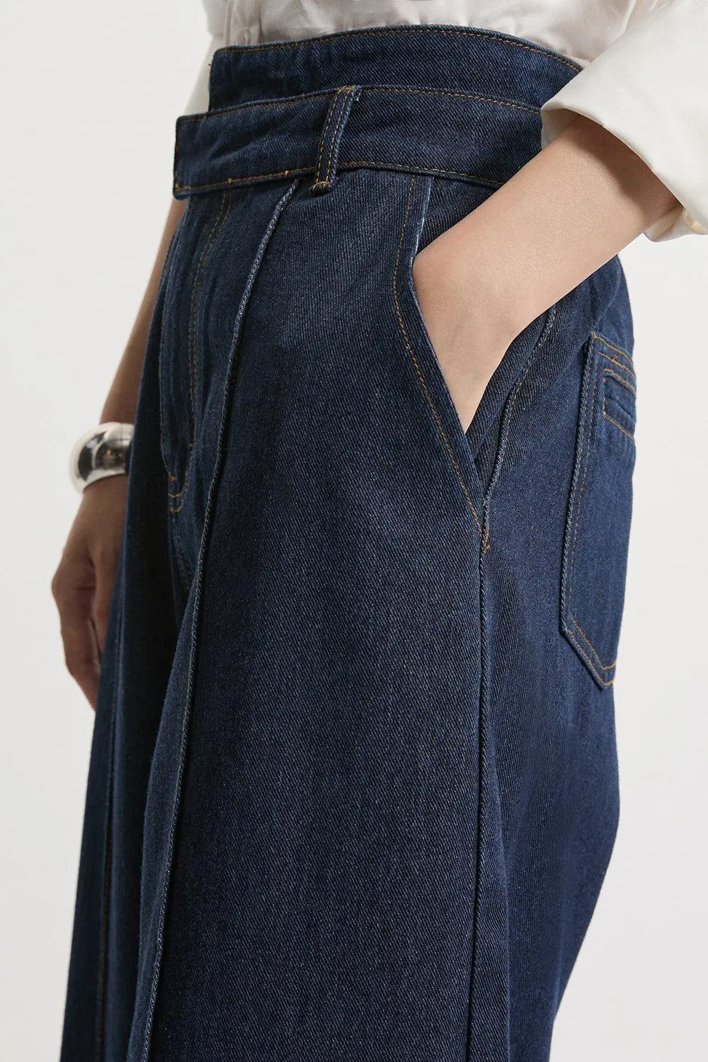 Denim Waistband Detail Wide Leg Trousers