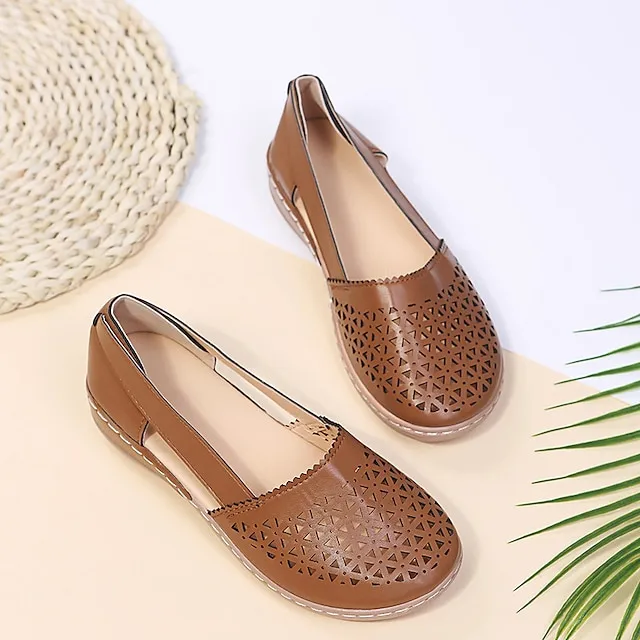 Women's Sandals Wedge Sandals Comfort Shoes Plus Size Outdoor Work Daily Summer Hollow Out Flat Heel Round Toe Classic Casual Minimalism Walking Shoes Faux Leather Loafer Solid Color Solid Colored