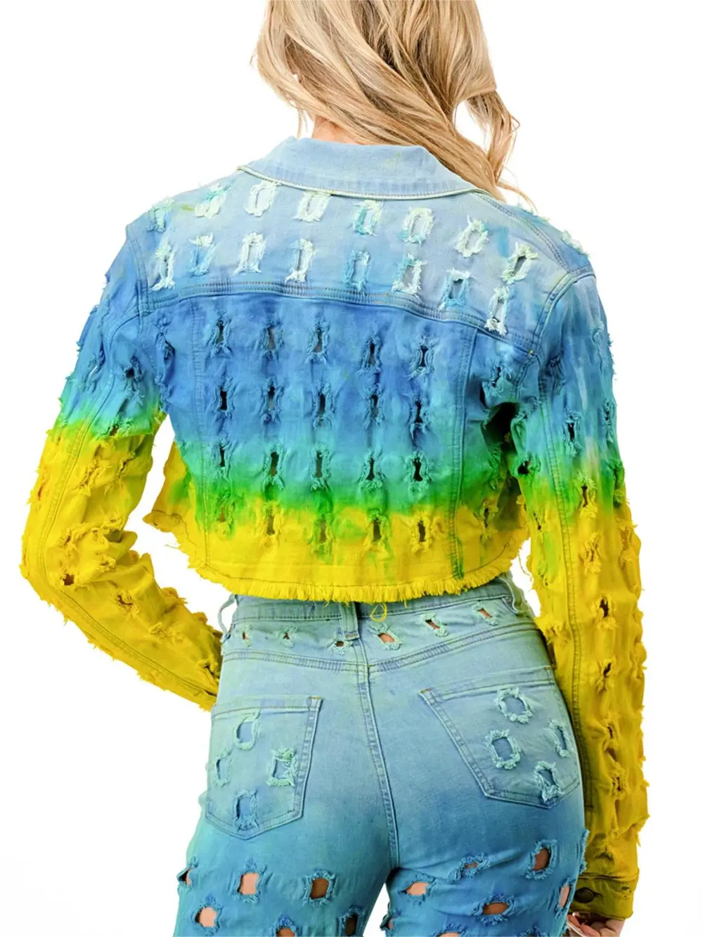 Ombre Blue - Green Cropped Denim Jacket