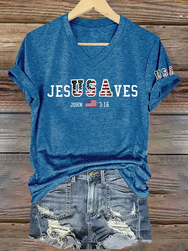 Woman'S Jes Usa Ves John 3:16 V-Neck Short-Sleeve T-Shirt
