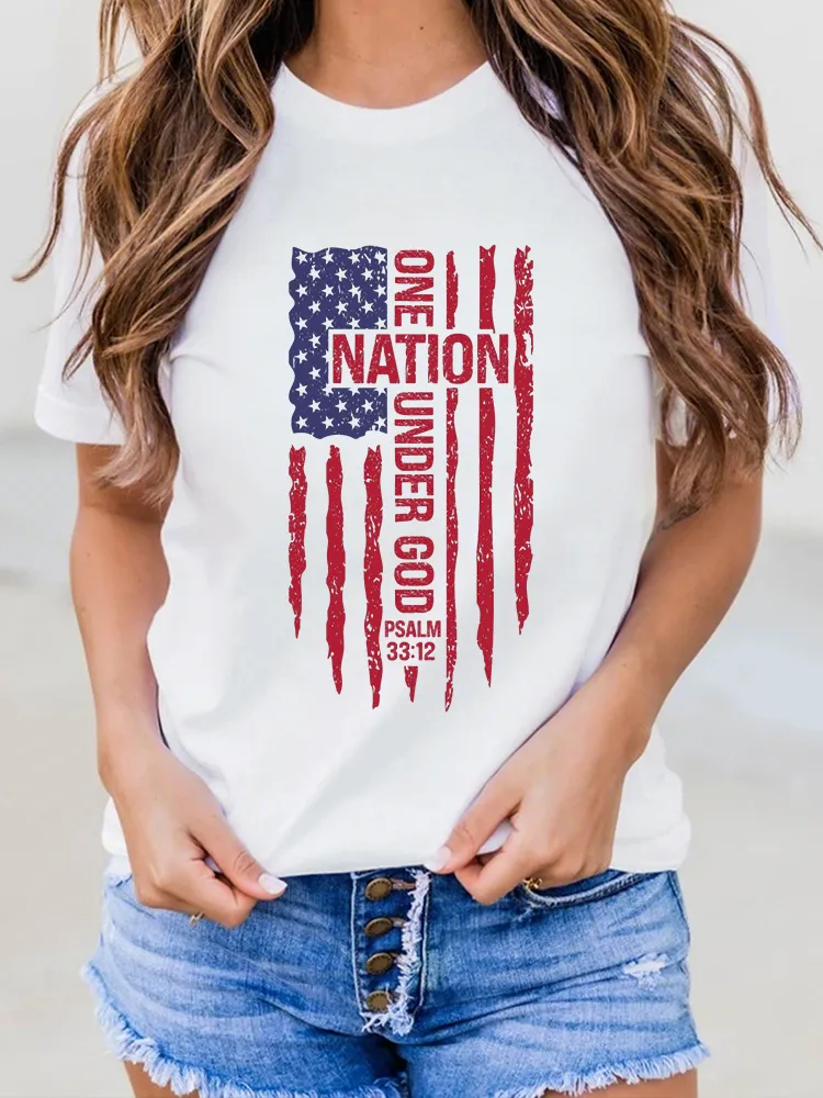 One Nation Under God Psalm 33:12 Print Round-Neck Short-Sleeved T-Shirt