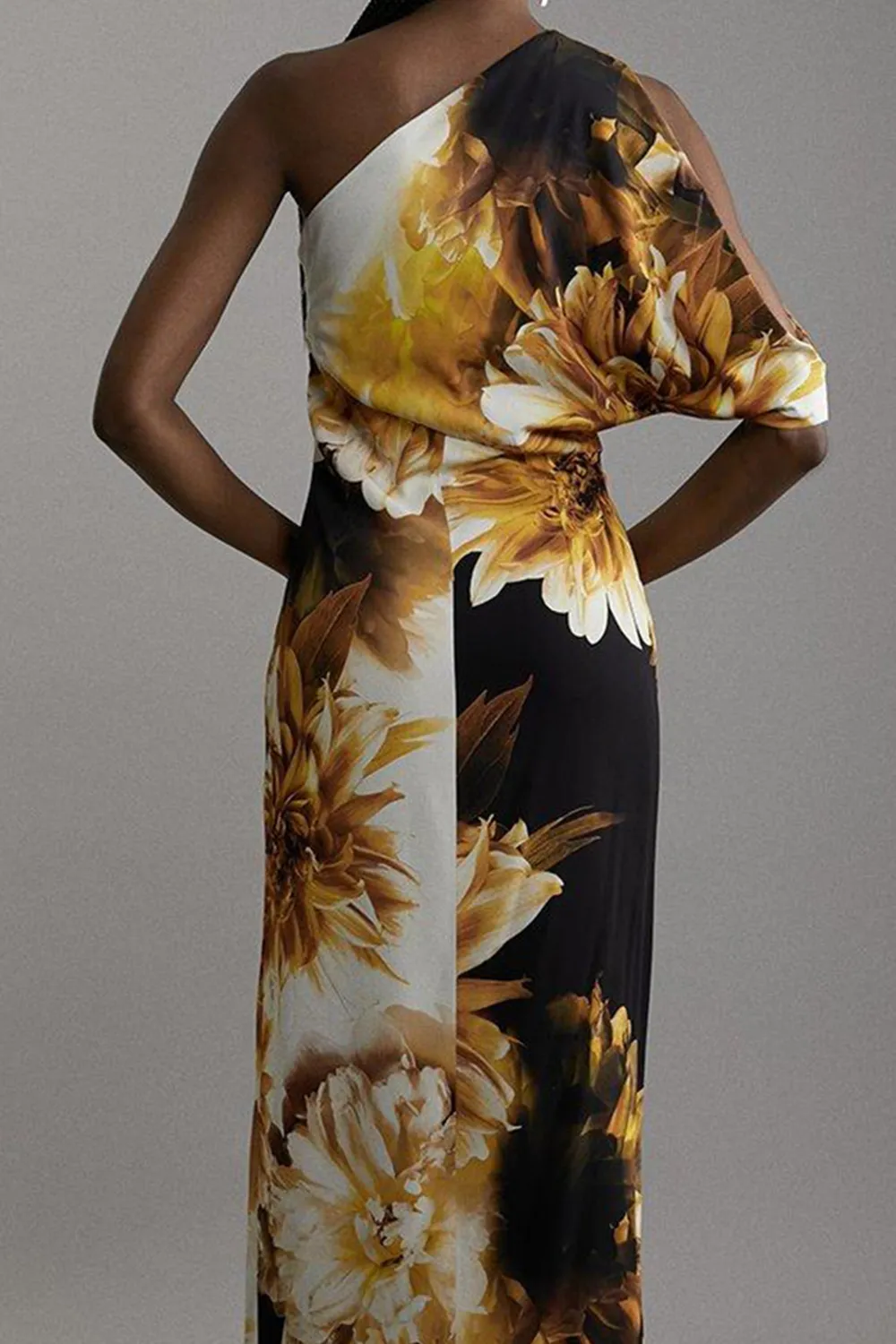Compact Stretch Viscose Printed Photographic Floral One Shoulder Maxi Dress