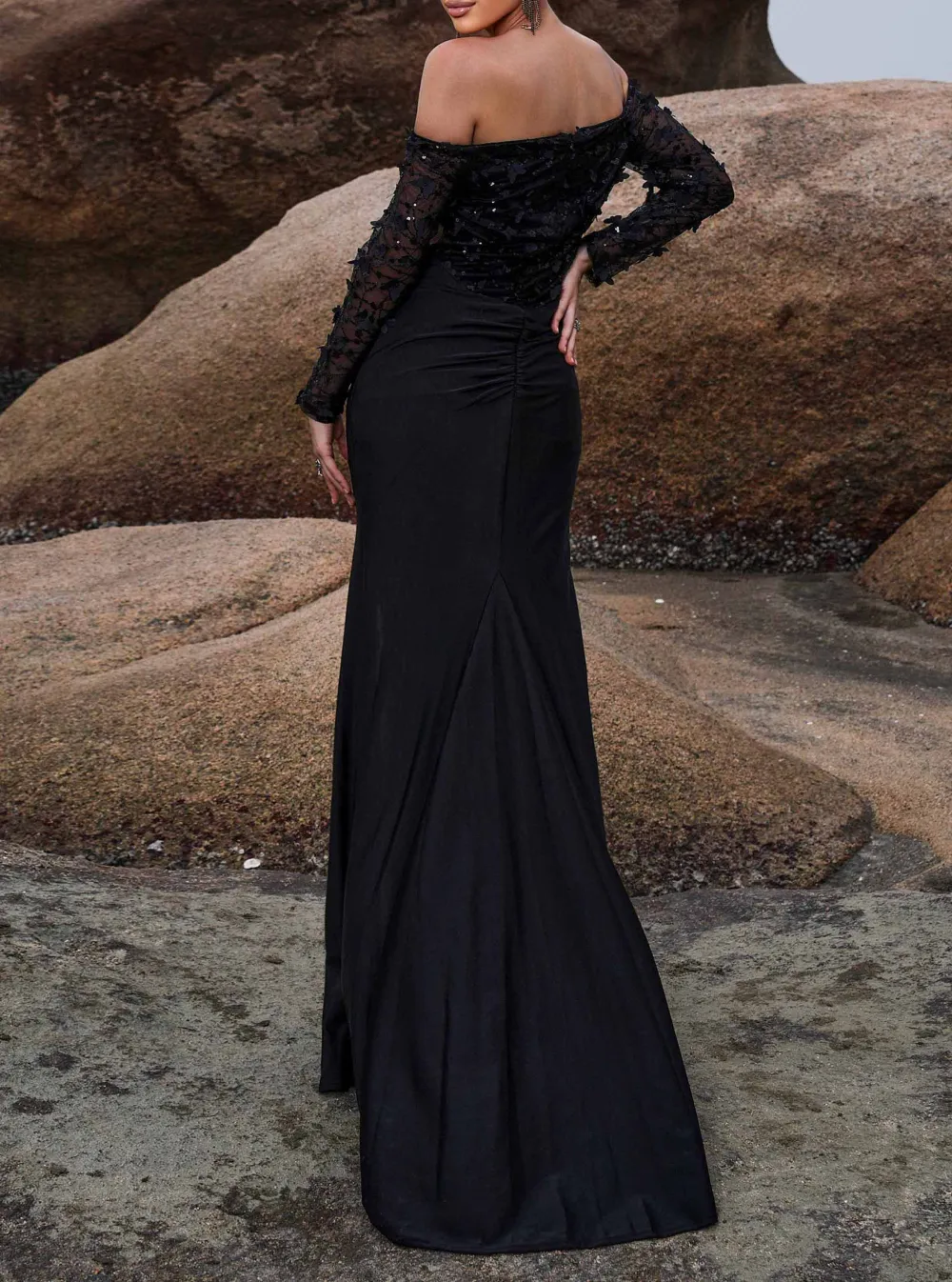 Off Shoulder Butterfly Cutout Black Split Dress