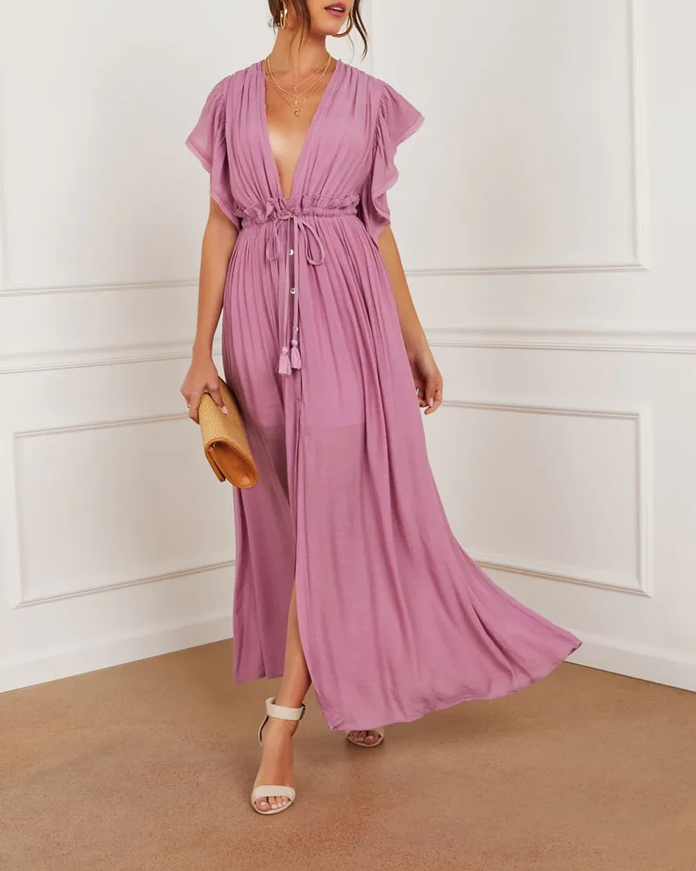 Button Front Cinched Waist Maxi Dress