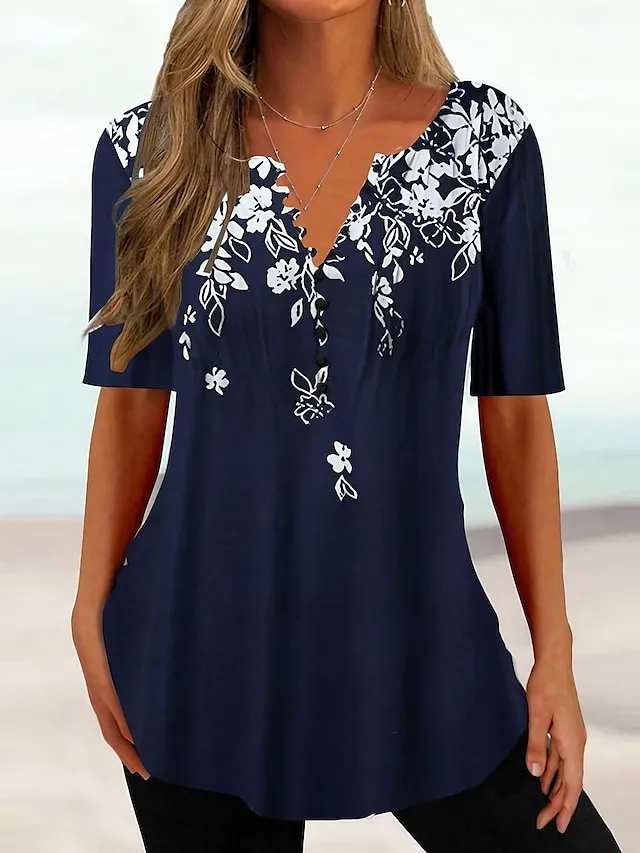 Women's T shirt Tee Black White Navy Blue Floral Button Print Short Sleeve Holiday Weekend Tunic Basic Round Neck Regular Fit Floral Painting